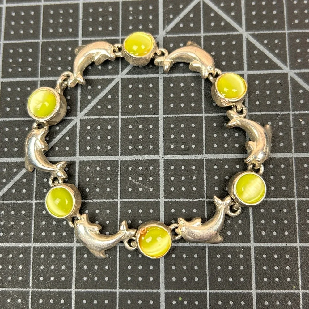 Silver Tone‎ Dolphin Charm Bracelet with Green Cat Eye Stones